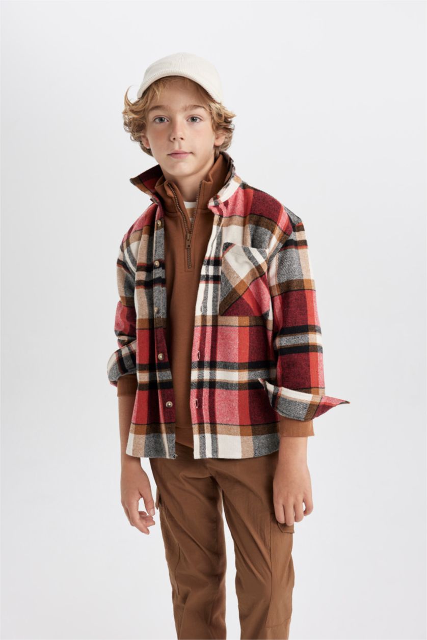 BOYS & TEENS Red Boy Oversize Wide Pattern Checkered Flannel Shirt