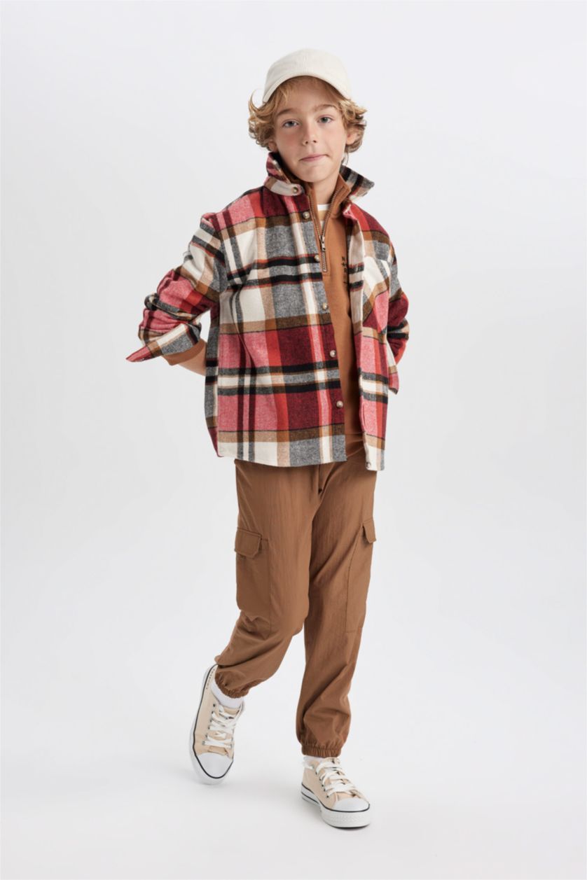 BOYS & TEENS Red Boy Oversize Wide Pattern Checkered Flannel Shirt