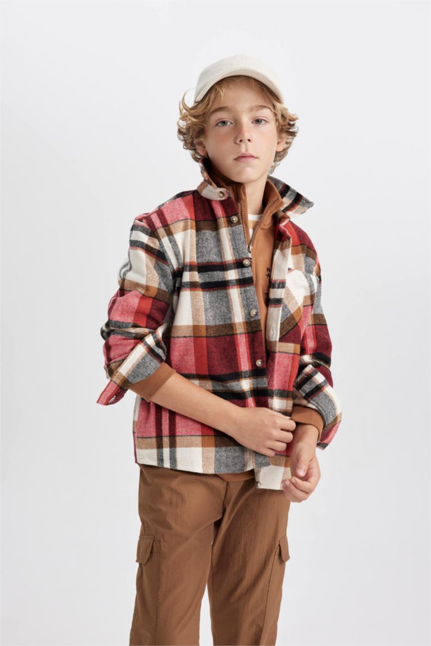 BOYS & TEENS Red Boy Oversize Wide Pattern Checkered Flannel Shirt