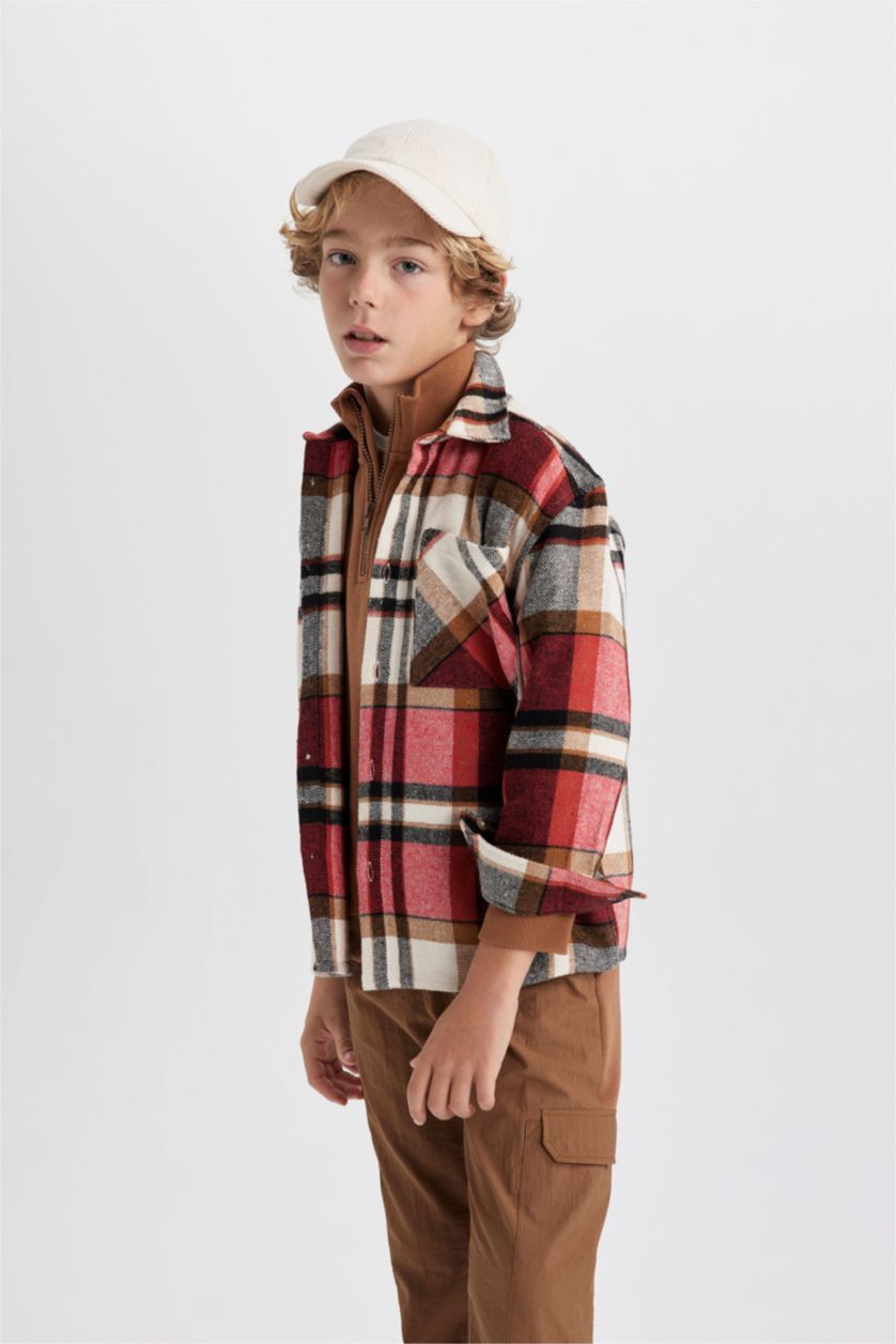 BOYS & TEENS Red Boy Oversize Wide Pattern Checkered Flannel Shirt