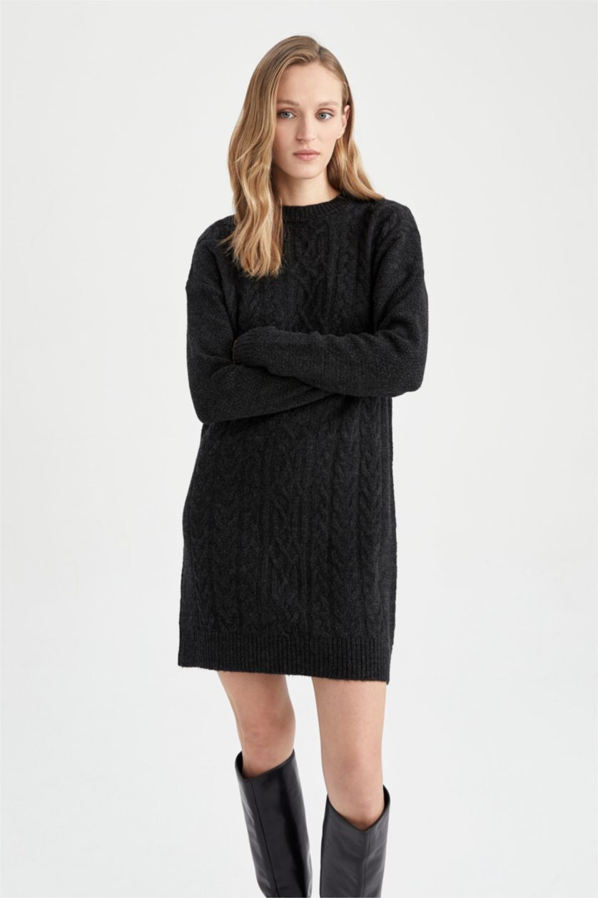 WOMAN Black Regular Fit Crew Neck Dress