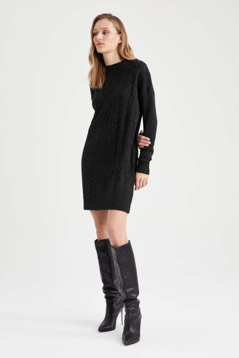 WOMAN Black Regular Fit Crew Neck Dress