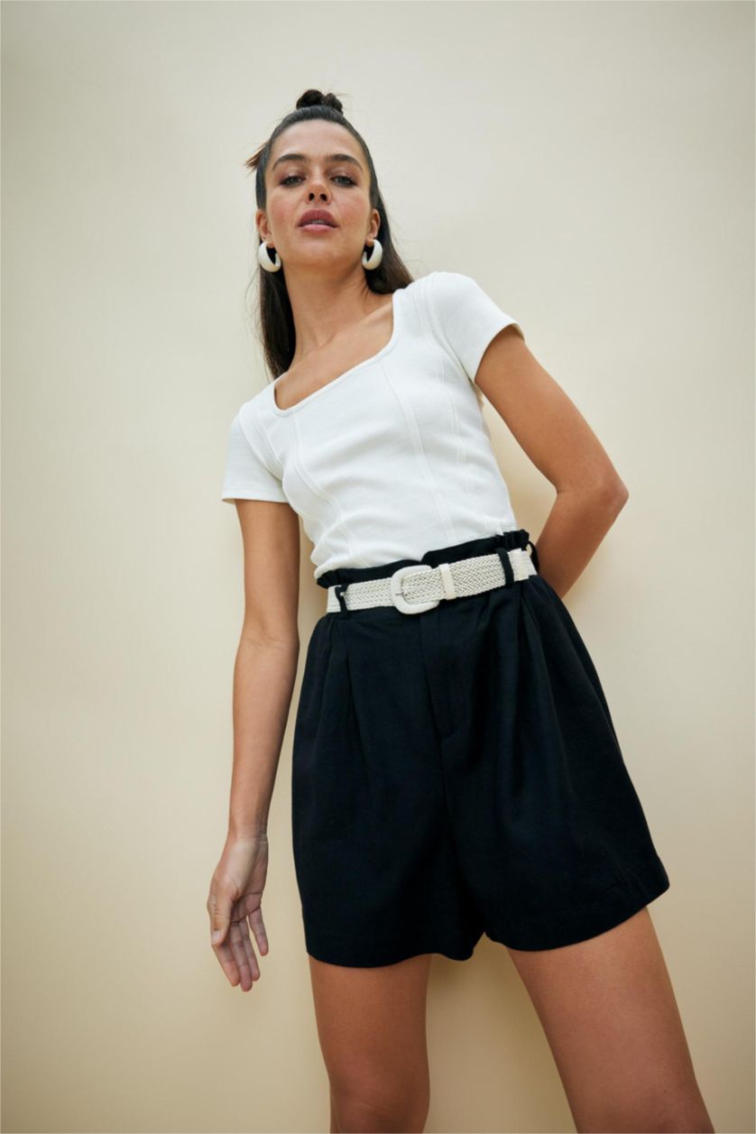 نساء أسود شورت كتان بيبرباج قصة مريحة بجيب