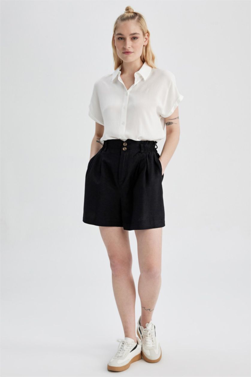 نساء أسود شورت كتان بيبرباج قصة مريحة بجيب