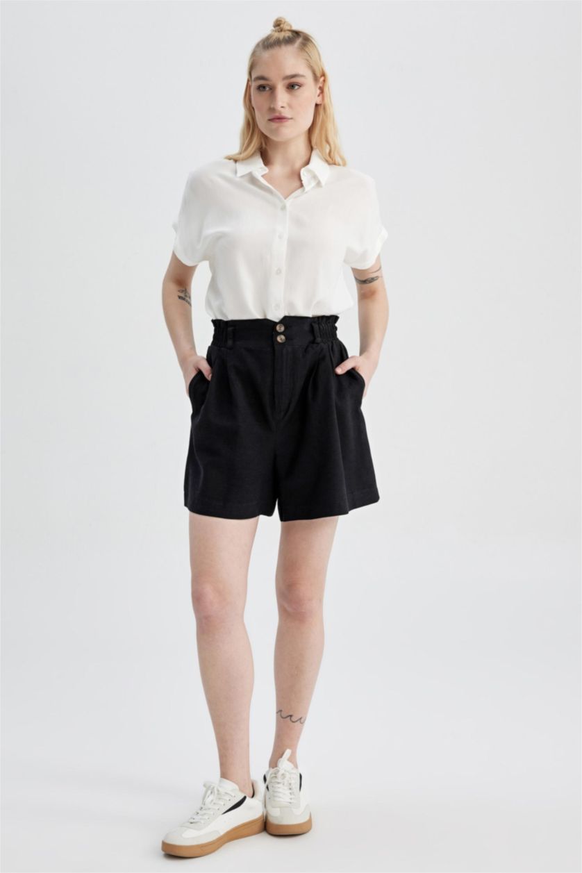 نساء أسود شورت كتان بيبرباج قصة مريحة بجيب