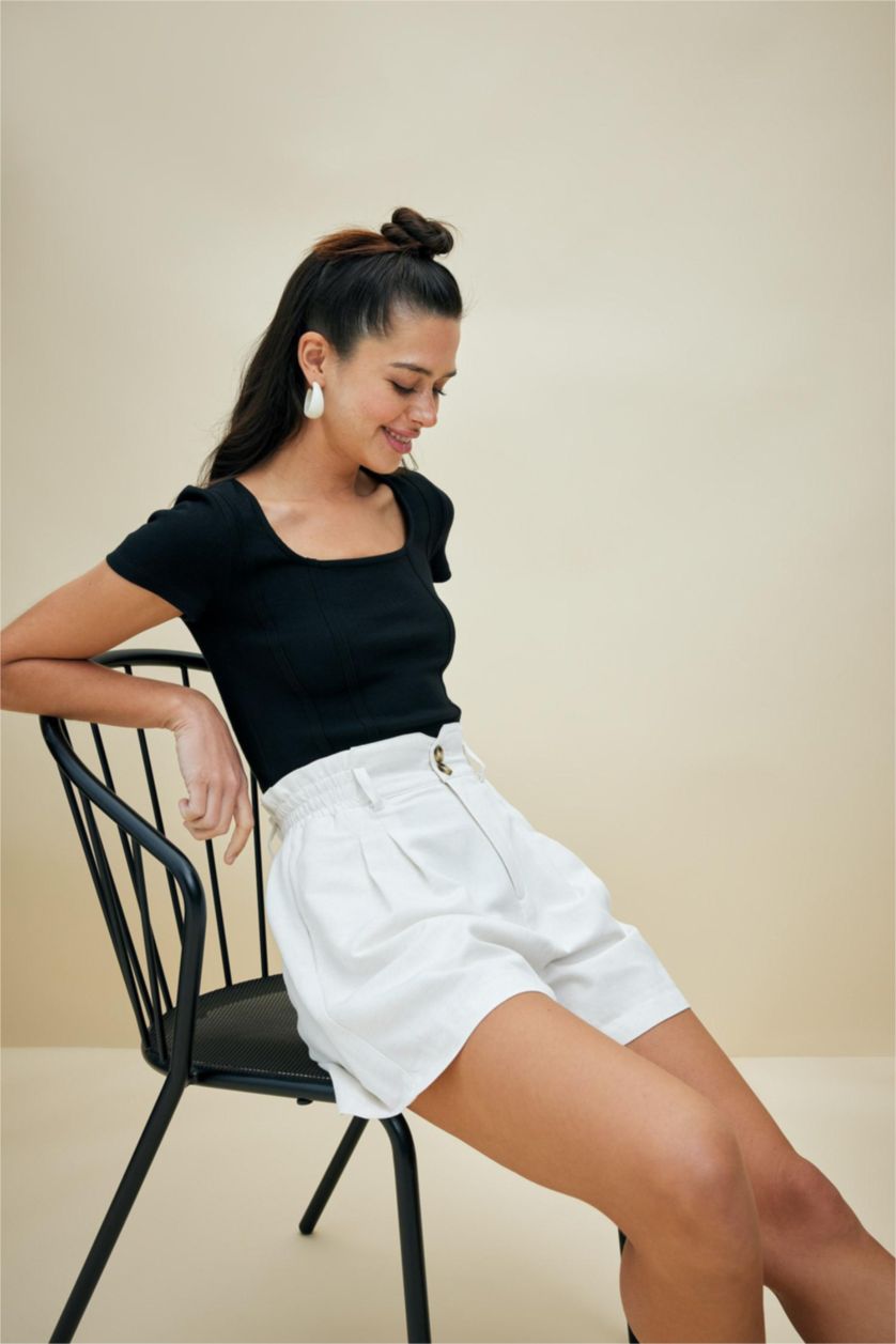 WOMAN White Relax Fit Linen Blended Paperbag Waist Shorts