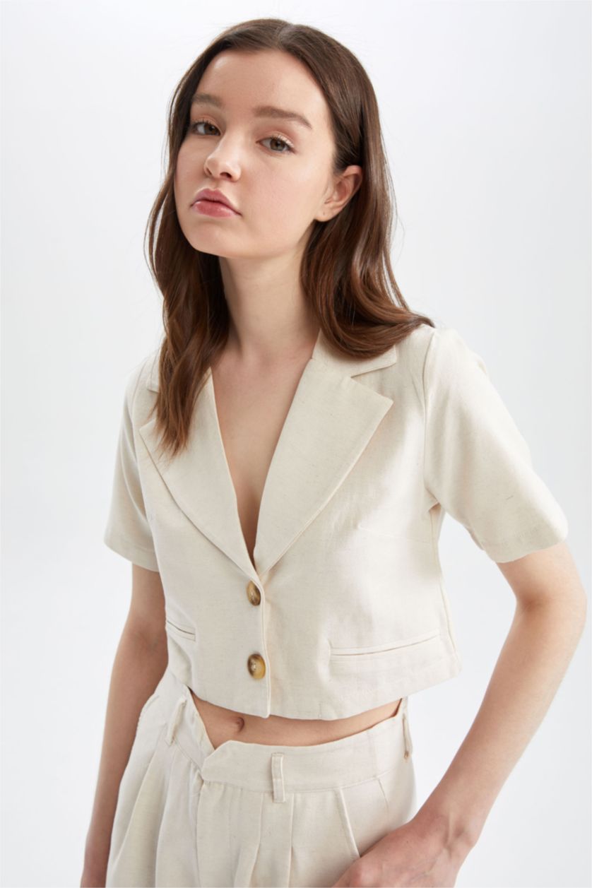 Kadın Ekru Relax Fıt Keten Karışımlı Blazer Ceket