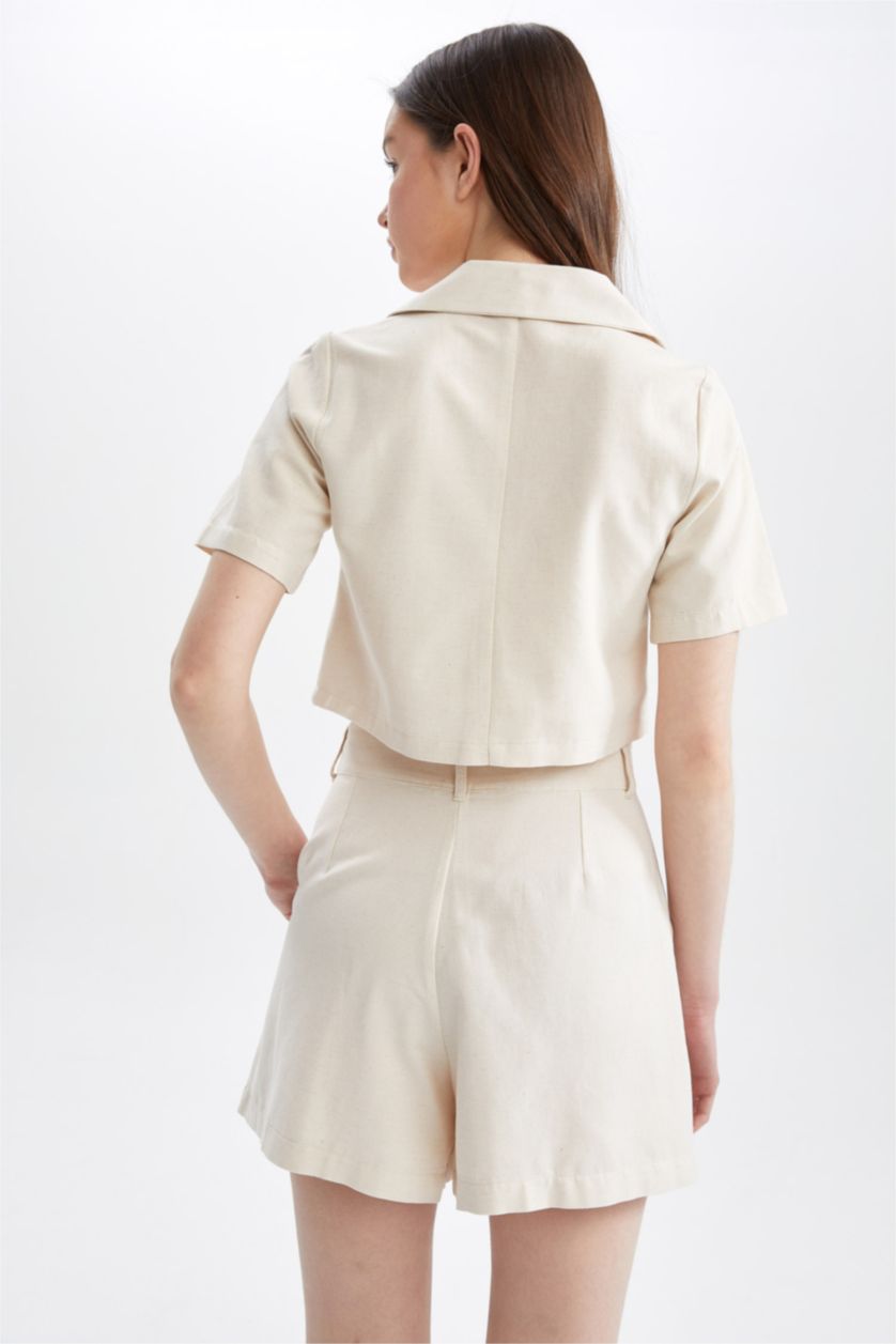 Kadın Ekru Relax Fıt Keten Karışımlı Blazer Ceket