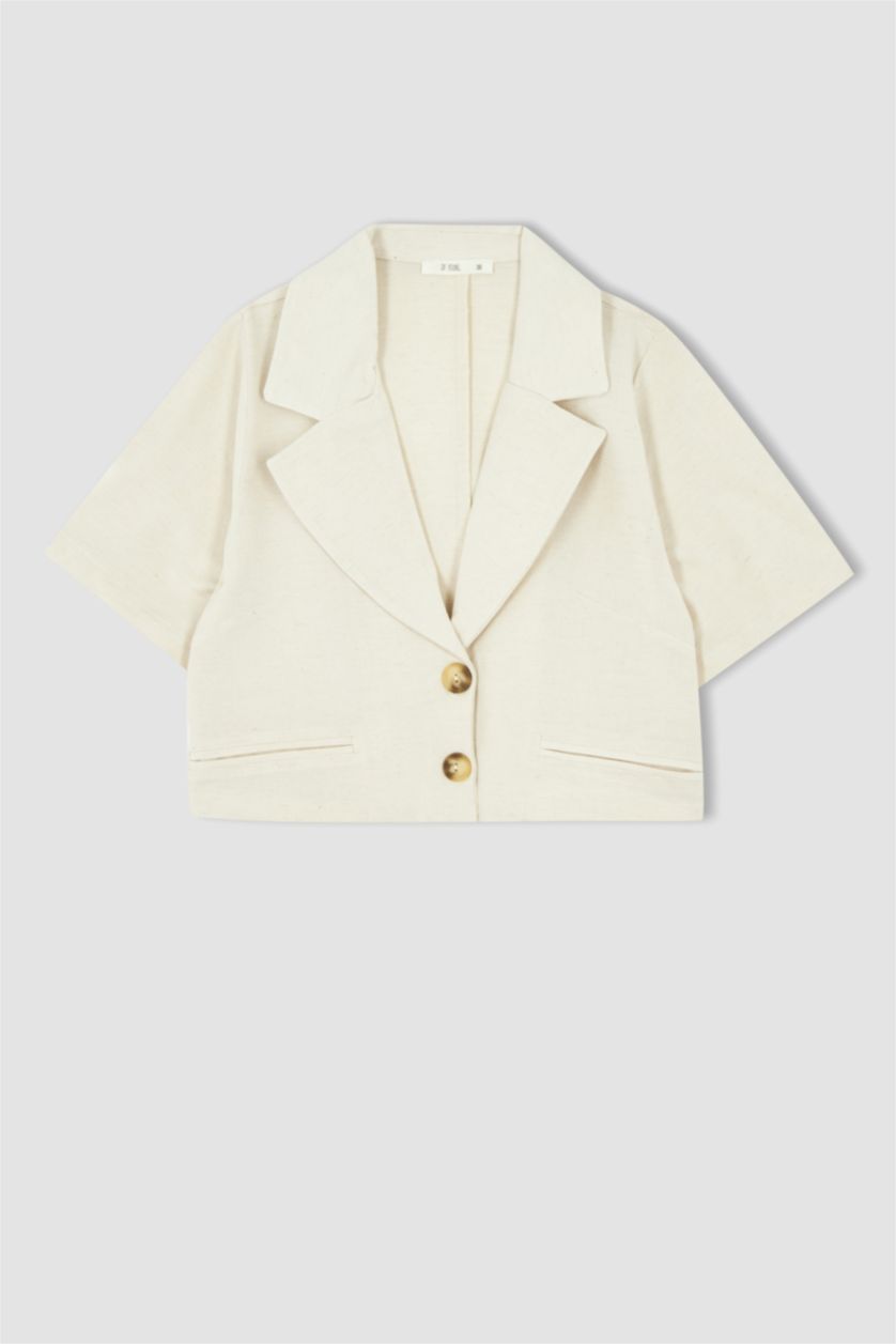 Kadın Ekru Relax Fıt Keten Karışımlı Blazer Ceket