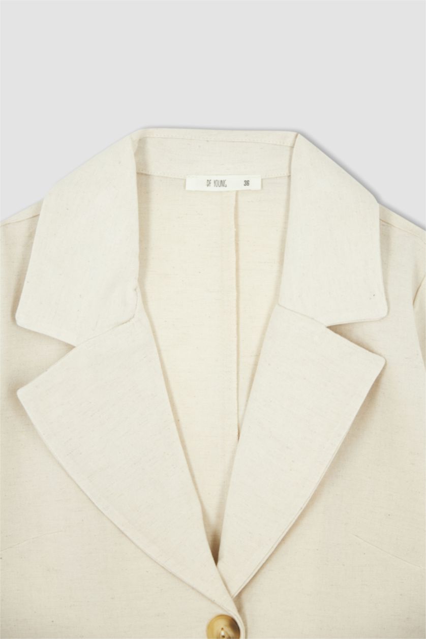 Kadın Ekru Relax Fıt Keten Karışımlı Blazer Ceket