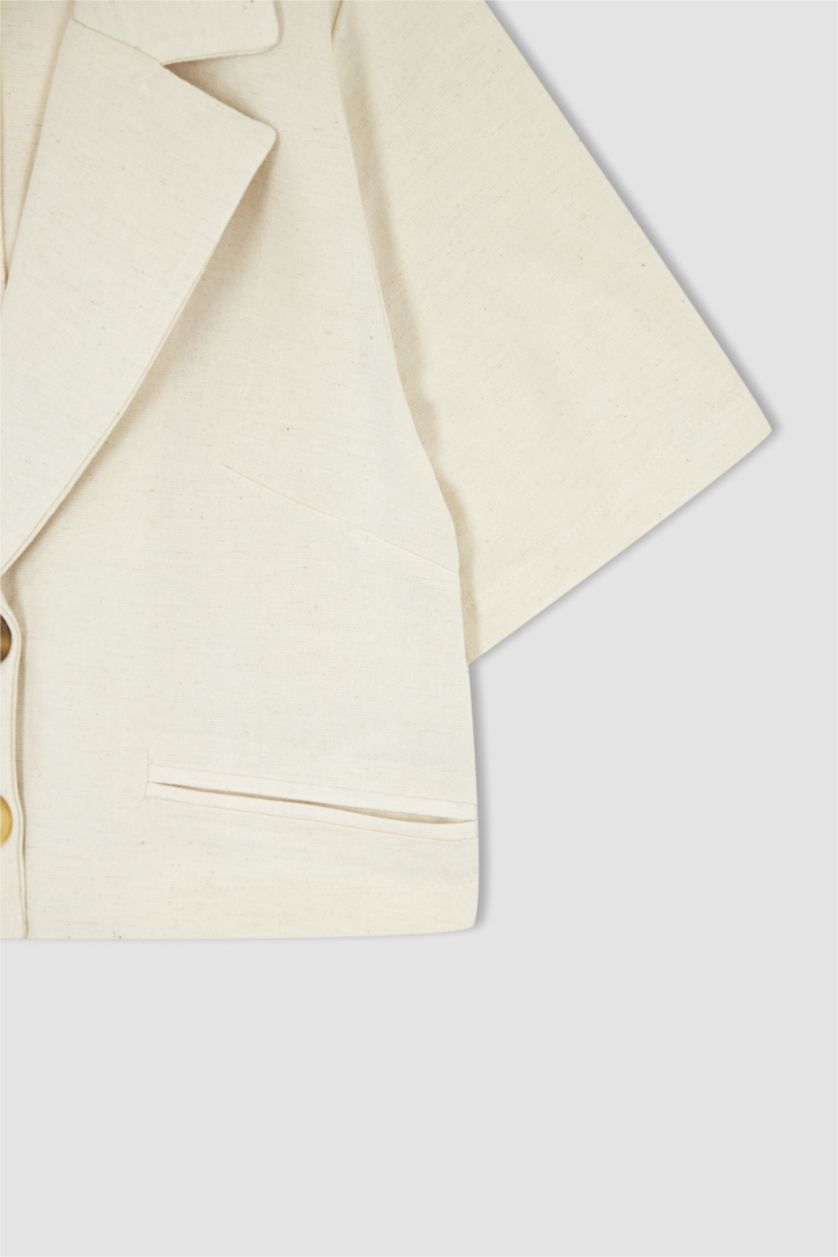 Kadın Ekru Relax Fıt Keten Karışımlı Blazer Ceket