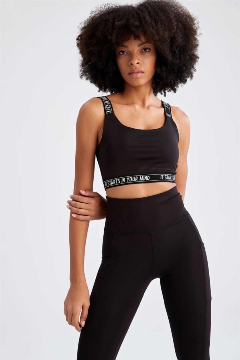 Woman Black Strappy Slogan Print Sports Bra
