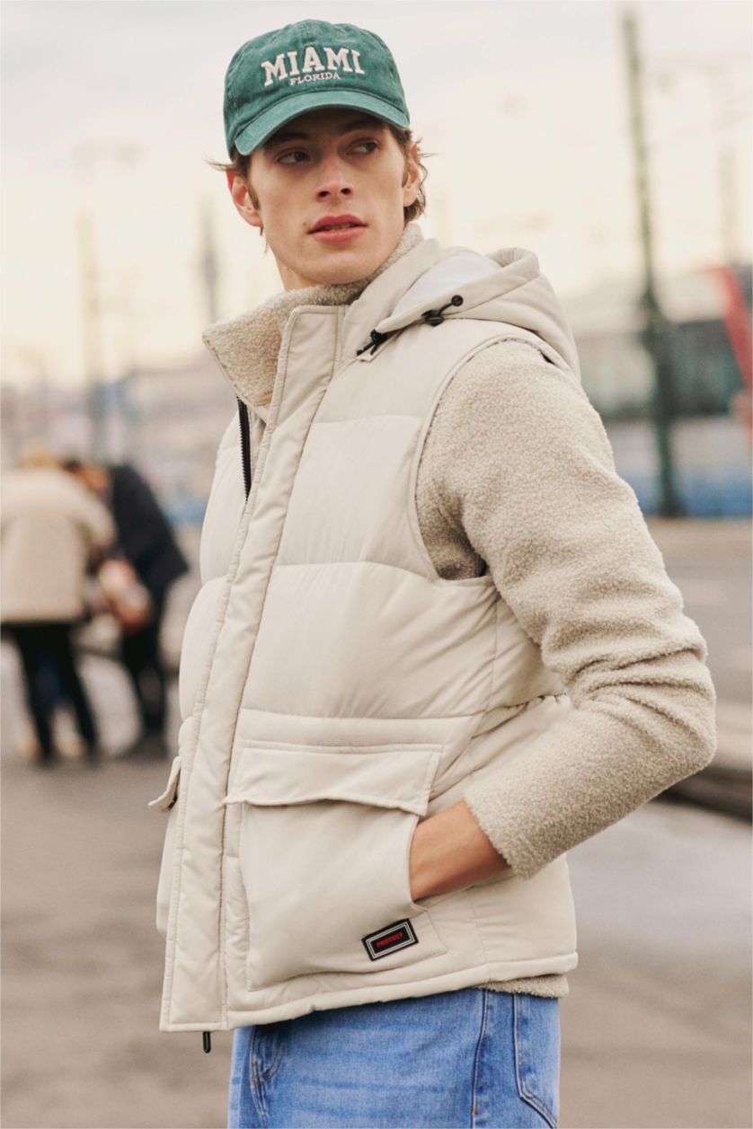 Erkek Kum Su İtici Regular Fit Kapüşonlu Fermuarlı İç Cepli Şişme Yelek