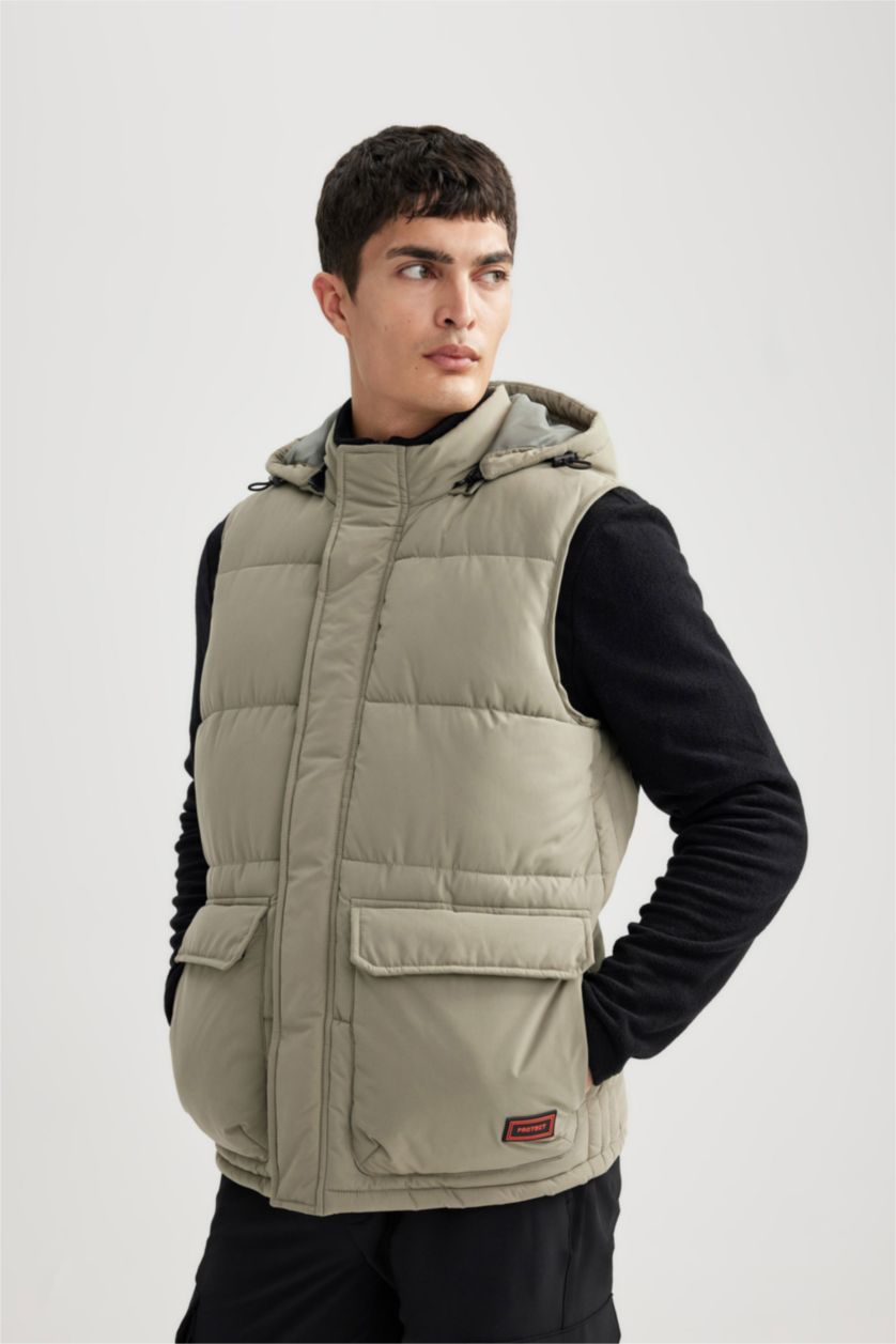 MAN Light Khaki Waterproof Removable Hooded Puffer Vest