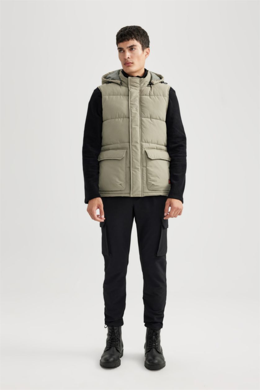 MAN Light Khaki Waterproof Removable Hooded Puffer Vest