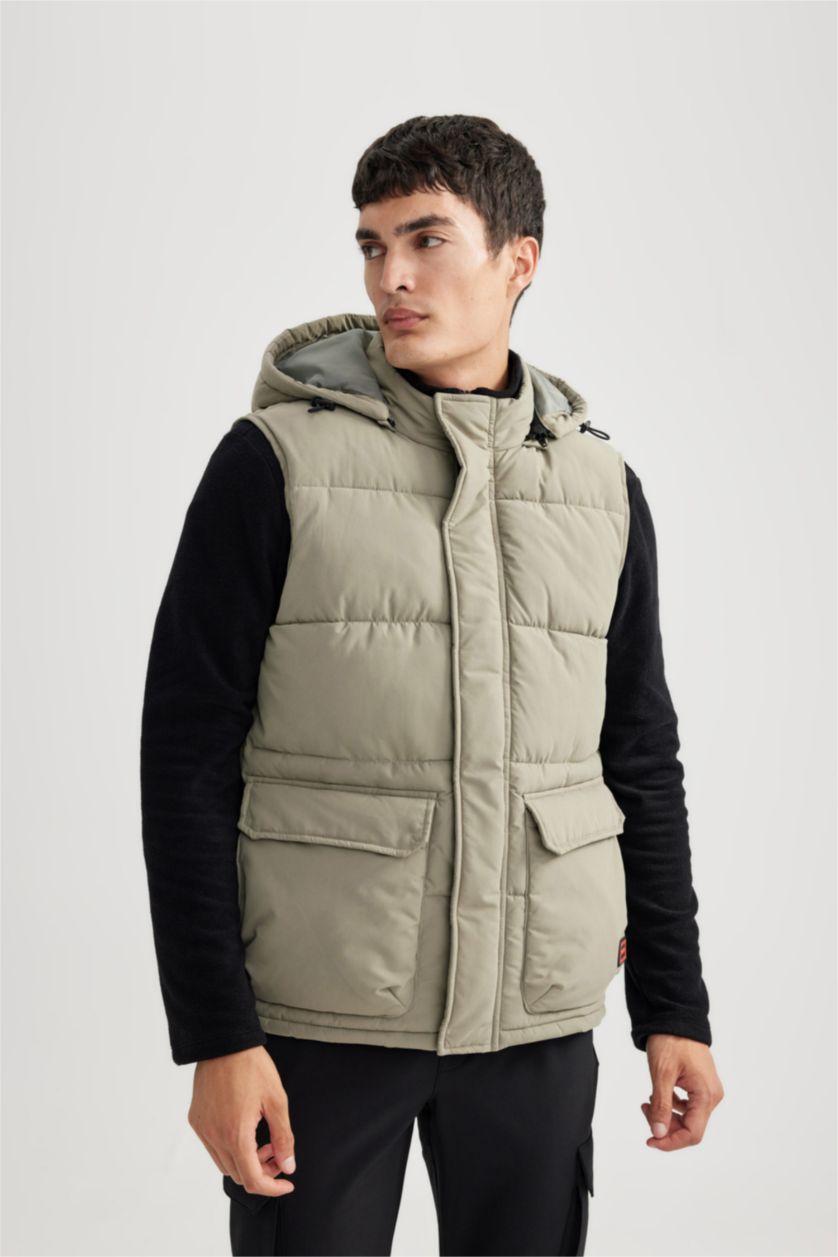 MAN Light Khaki Waterproof Removable Hooded Puffer Vest