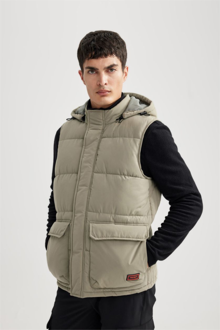 MAN Light Khaki Waterproof Removable Hooded Puffer Vest