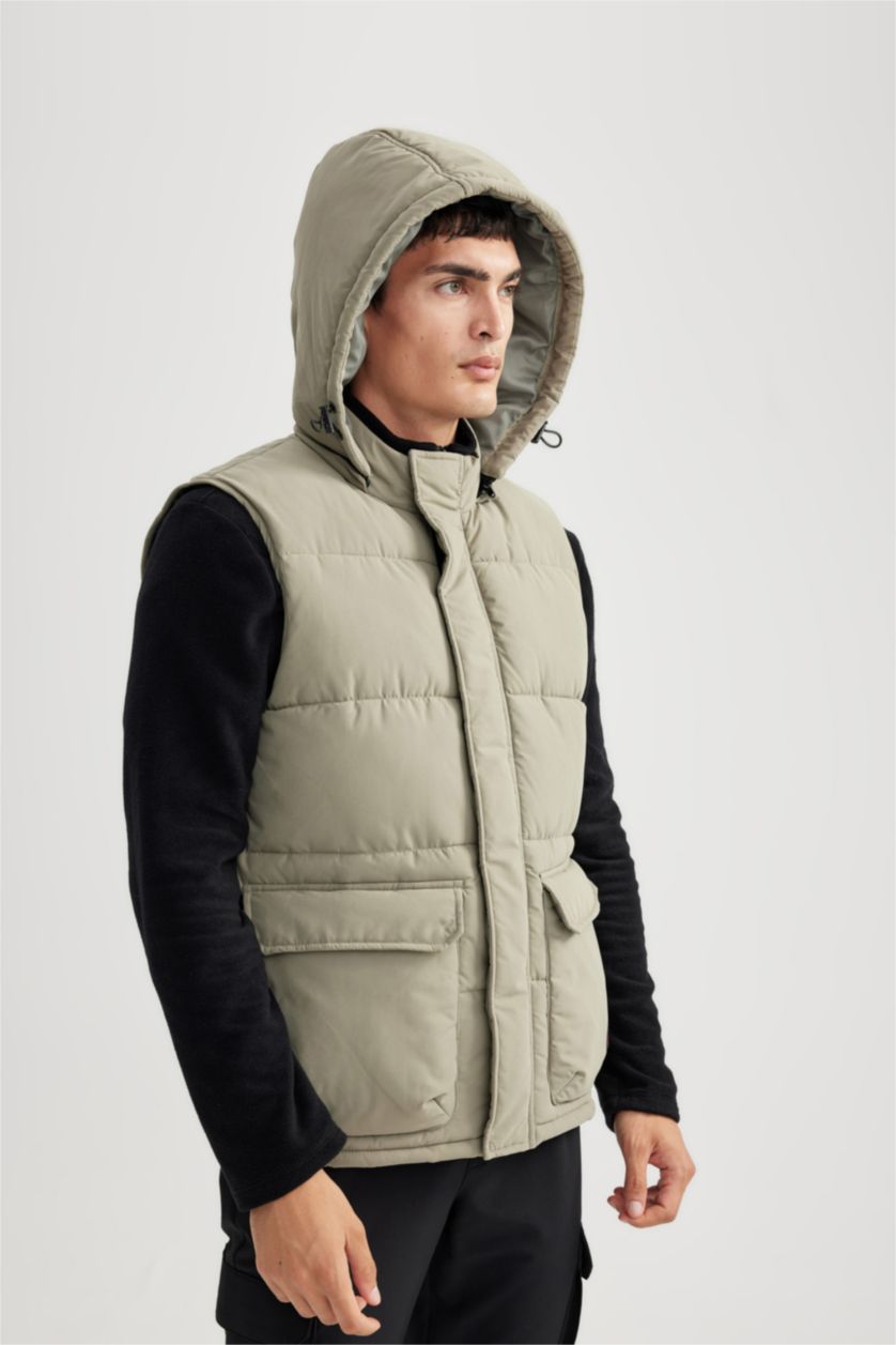 MAN Light Khaki Waterproof Removable Hooded Puffer Vest