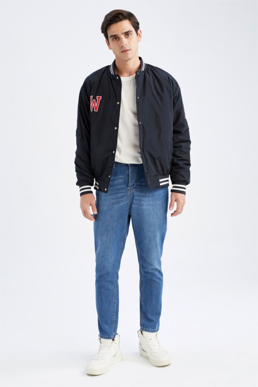 Erkek Lacivert Oversıze Kolej Yaka Bomber Mont