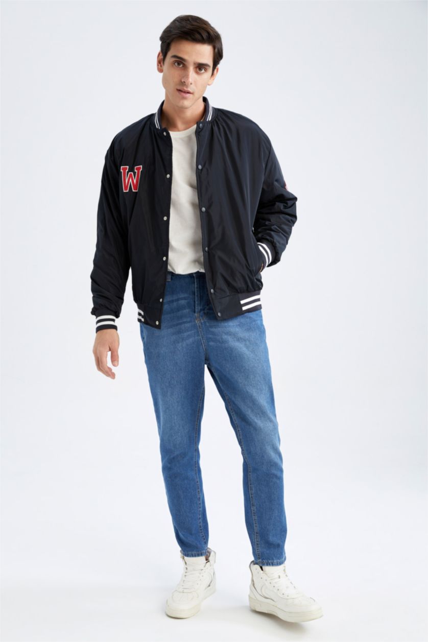 Erkek Lacivert Oversıze Kolej Yaka Bomber Mont