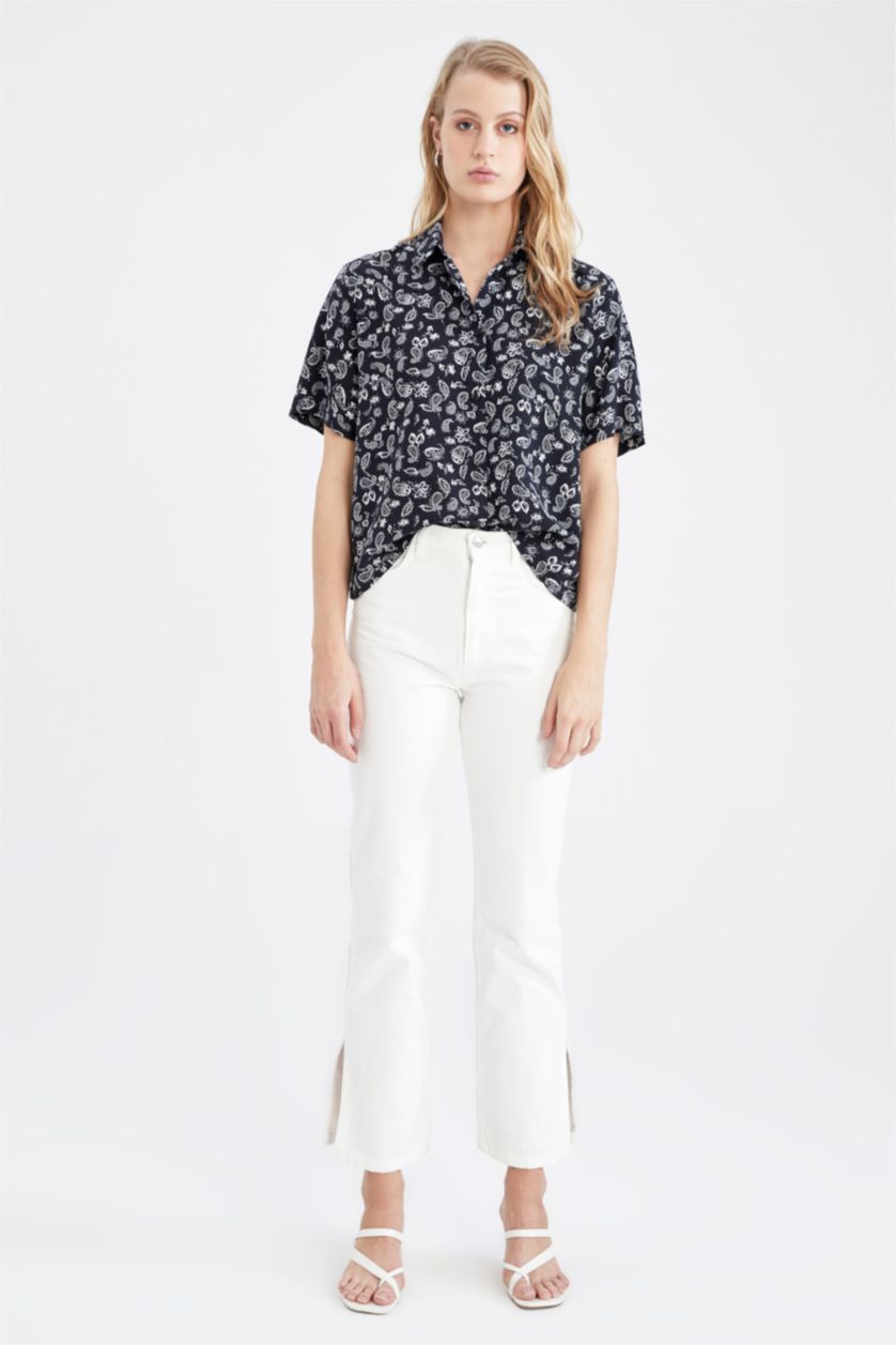 Woman Black Regular Fit Shirt Collar Short Sleeve Shirt