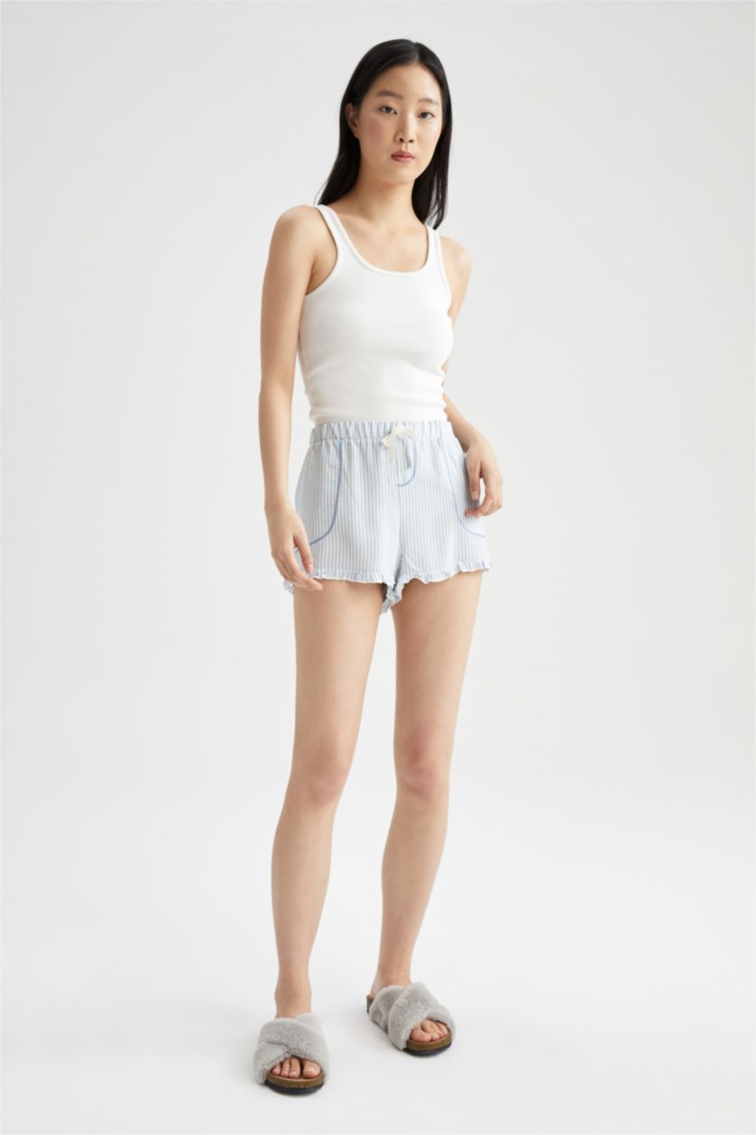 Kadın Deniz Mavisi Fall in Love Regular Fit Çizgili Mini Şort Pijama Altı