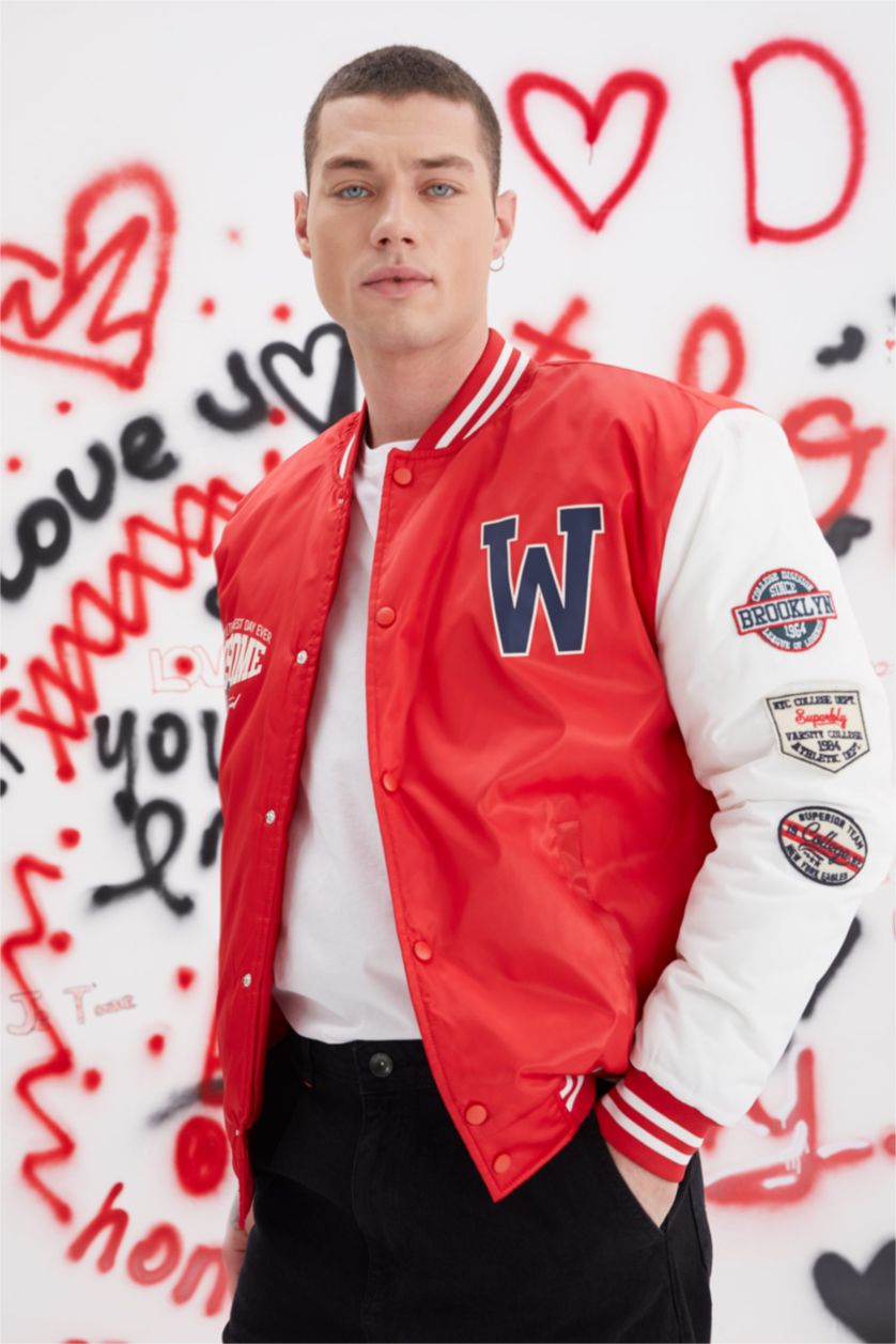 HOMME Rouge Manteau collégial oversize col collégial appliqué color block bomber college