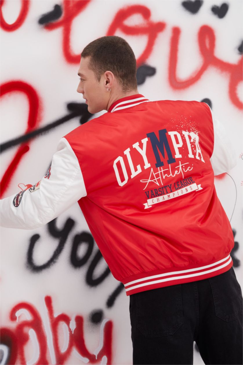 HOMME Rouge Manteau collégial oversize col collégial appliqué color block bomber college