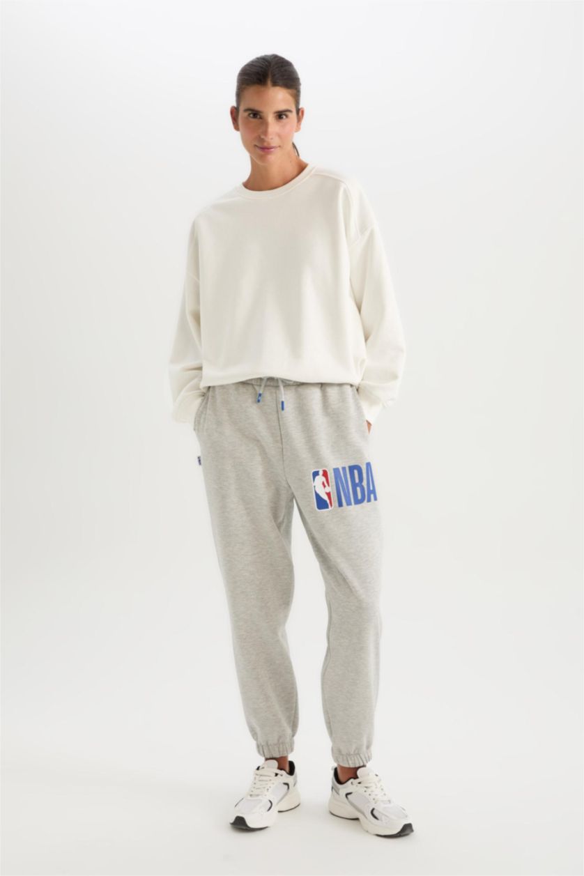 WOMAN Grey Melange NBA Licensed With Pockets Thin Sweatshirt Fabric Trousers
