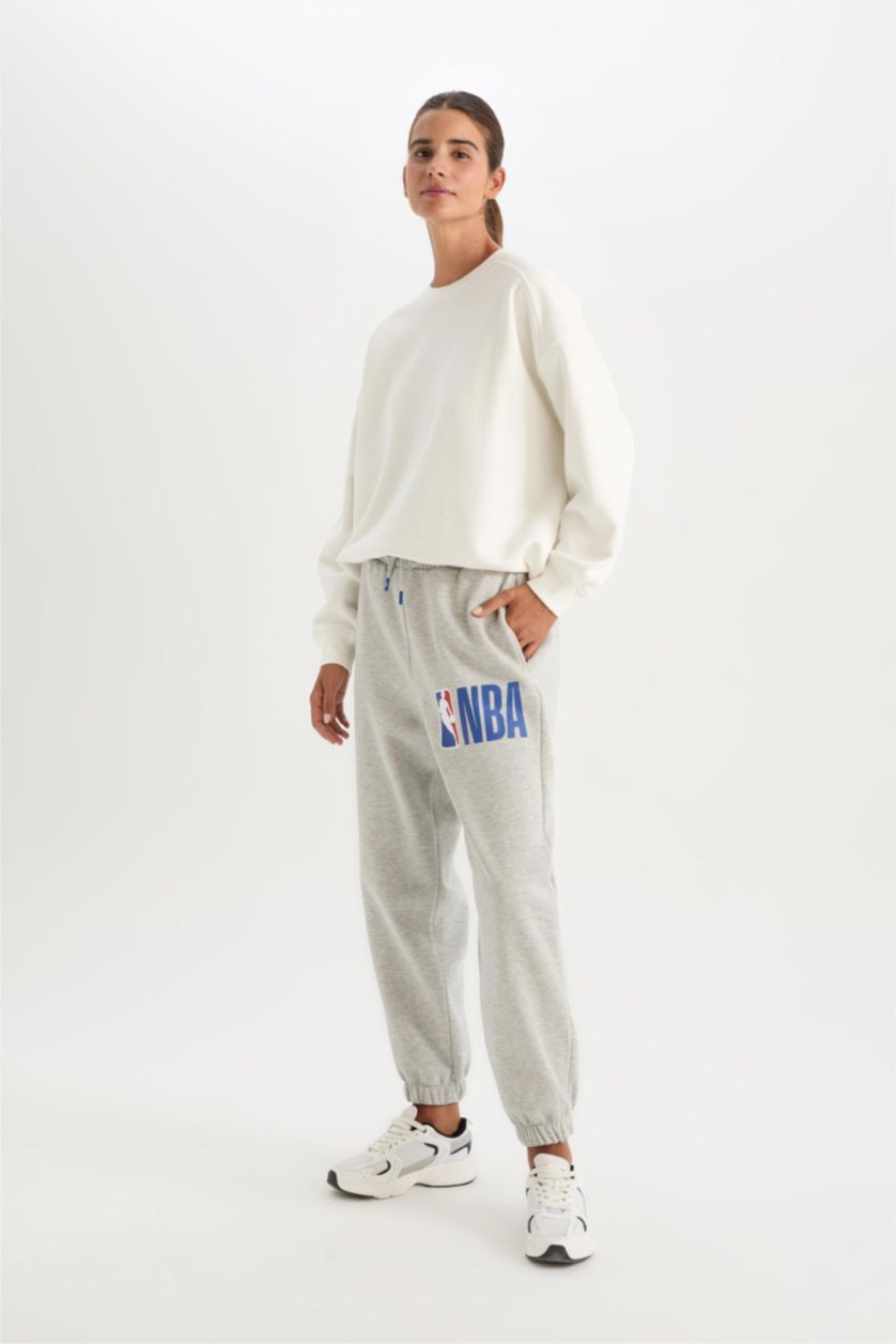WOMAN Grey Melange NBA Licensed With Pockets Thin Sweatshirt Fabric Trousers