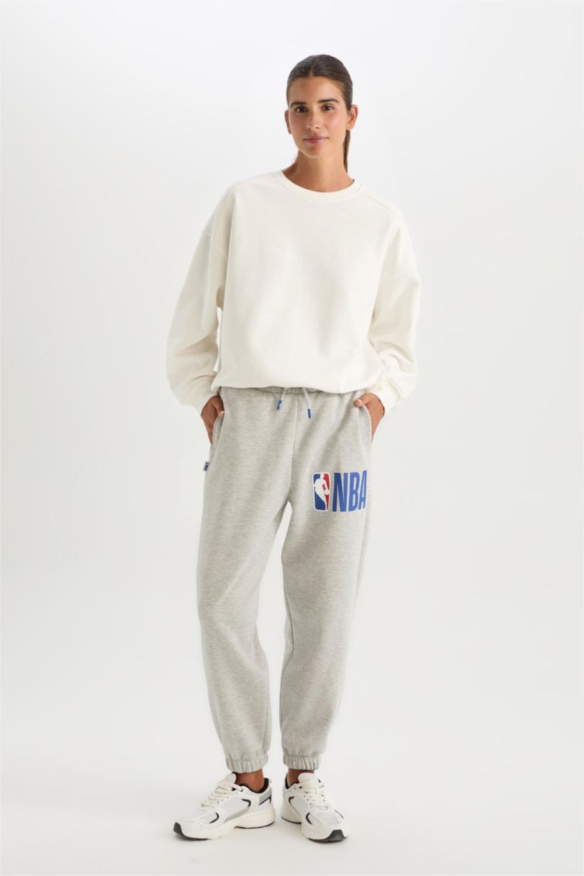 WOMAN Grey Melange NBA Licensed With Pockets Thin Sweatshirt Fabric Trousers