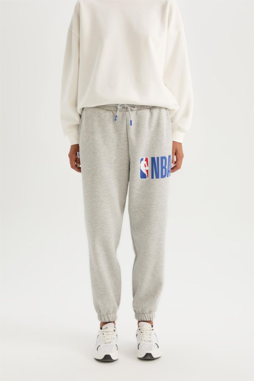WOMAN Grey Melange NBA Licensed With Pockets Thin Sweatshirt Fabric Trousers
