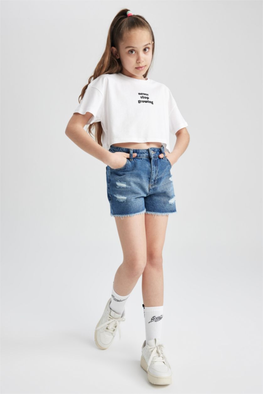 GIRLS & TEENS Blue Girl Mom Fit Ripped Detailed Shorts