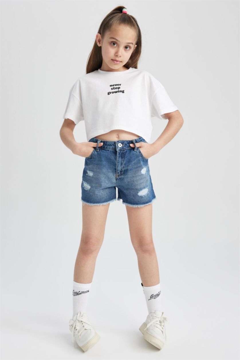 GIRLS & TEENS Blue Girl Mom Fit Ripped Detailed Shorts