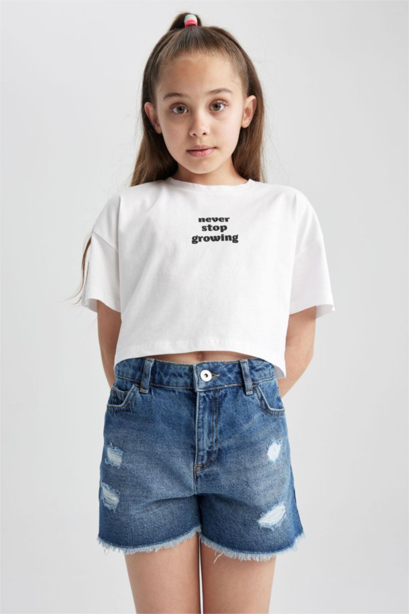 GIRLS & TEENS Blue Girl Mom Fit Ripped Detailed Shorts