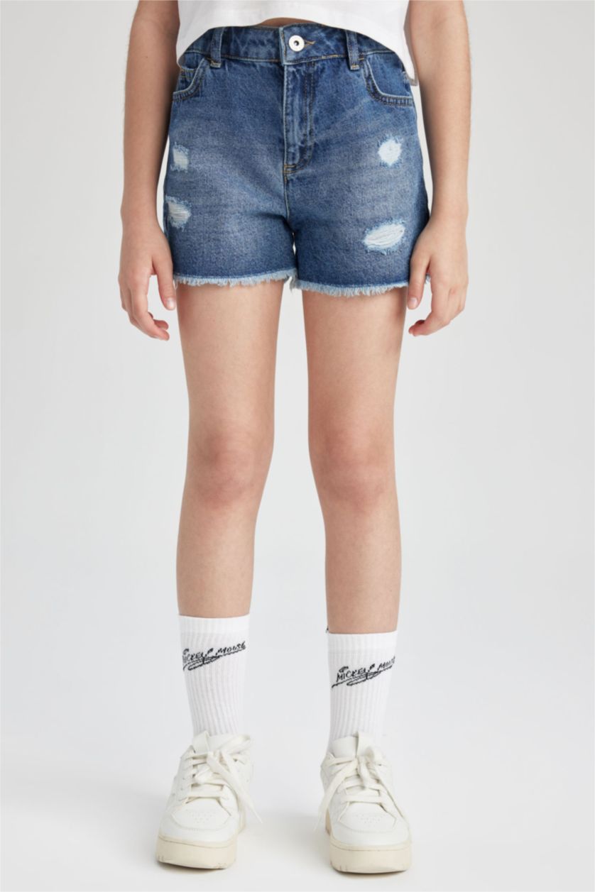 GIRLS & TEENS Blue Girl Mom Fit Ripped Detailed Shorts