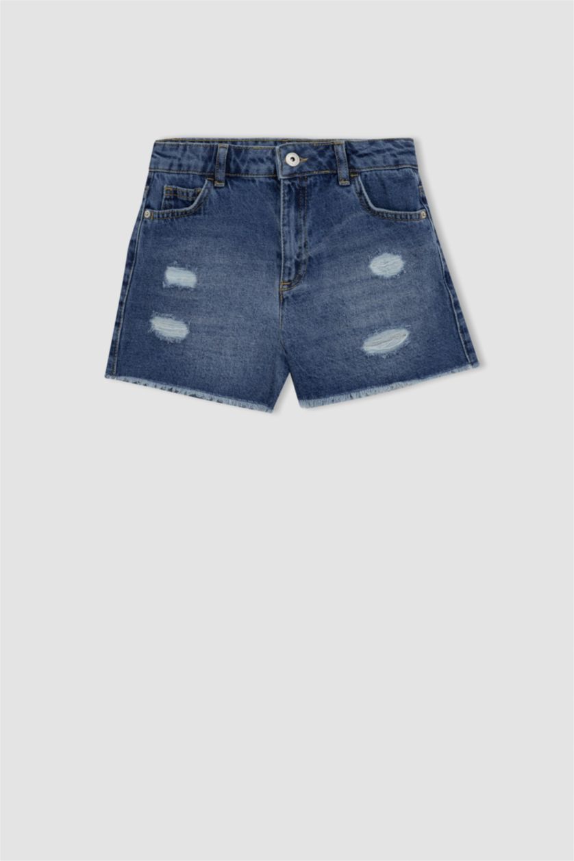 GIRLS & TEENS Blue Girl Mom Fit Ripped Detailed Shorts