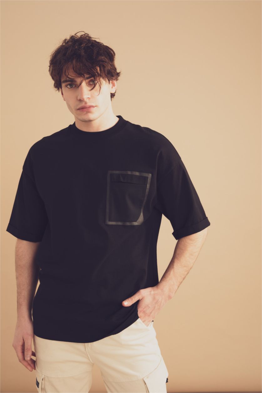 HOMME Noir T-shirt ample à manches courtes et col ras du cou