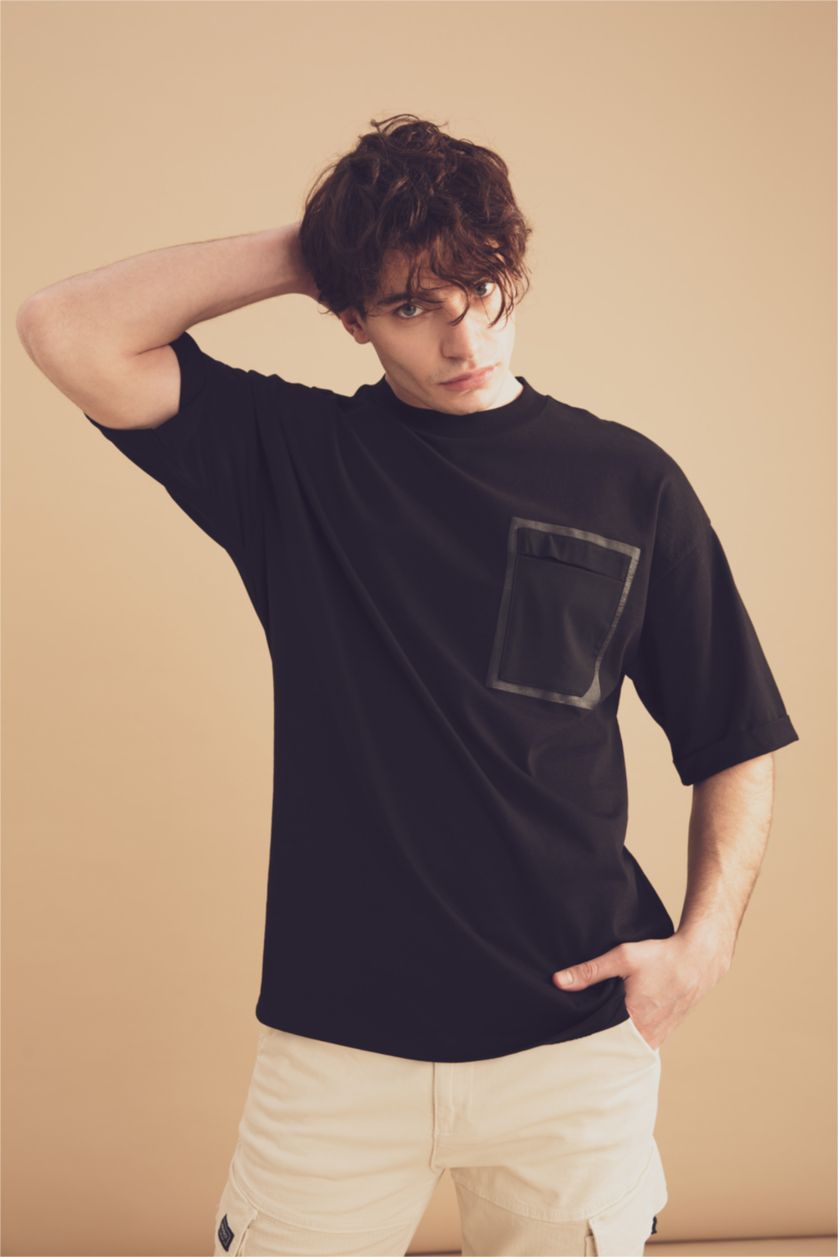 HOMME Noir T-shirt ample à manches courtes et col ras du cou