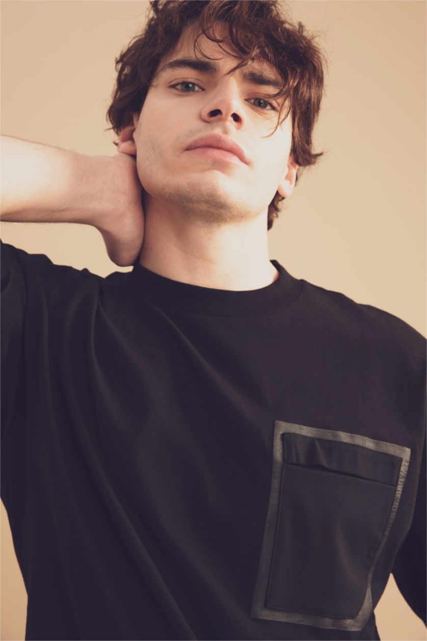 HOMME Noir T-shirt ample à manches courtes et col ras du cou