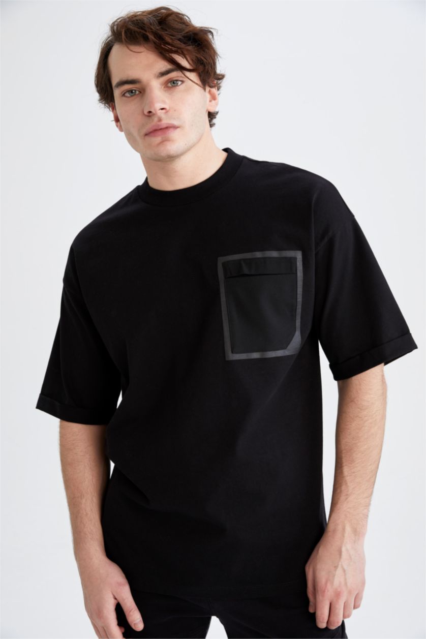 HOMME Noir T-shirt ample à manches courtes et col ras du cou