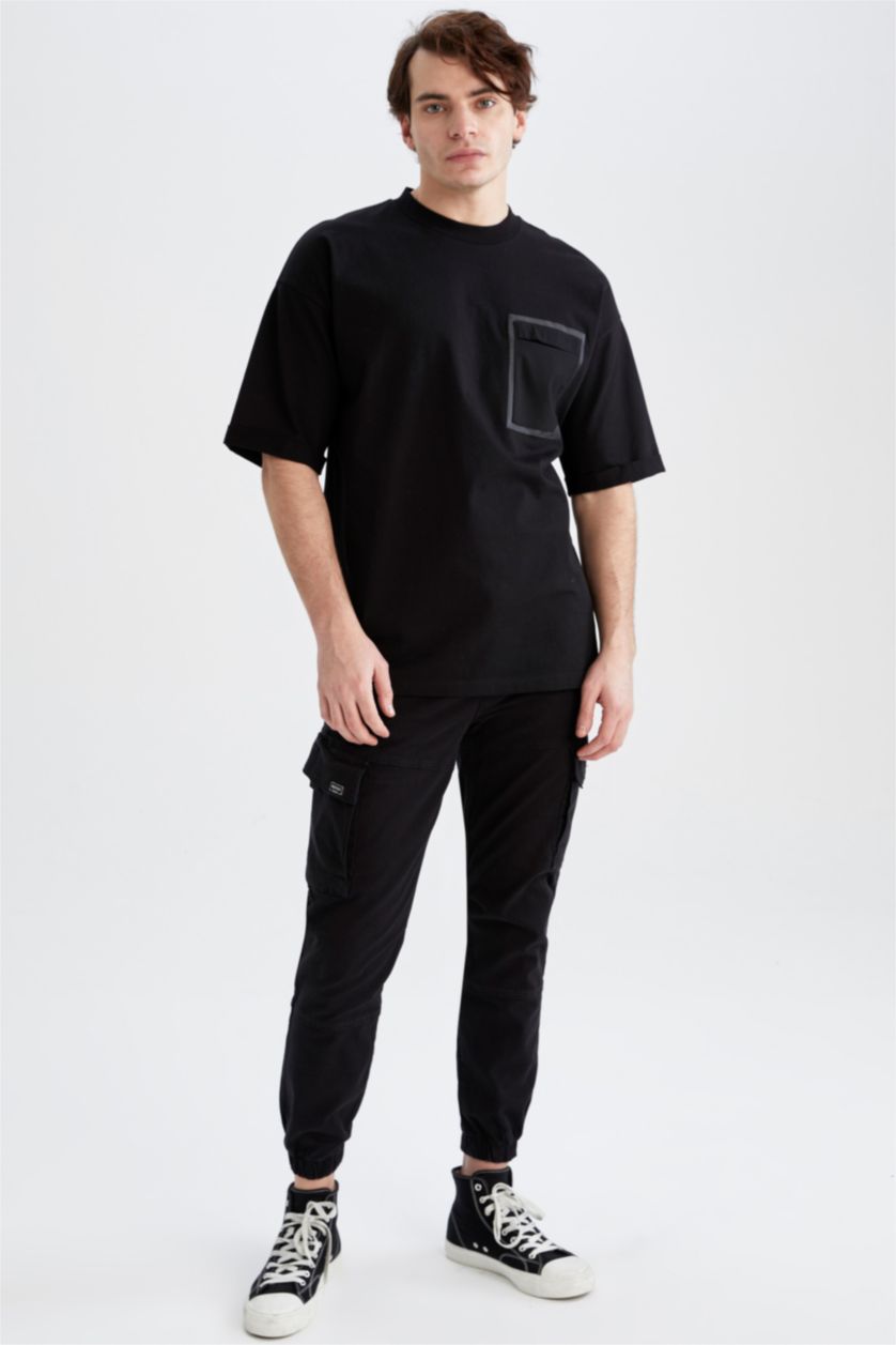 HOMME Noir T-shirt ample à manches courtes et col ras du cou