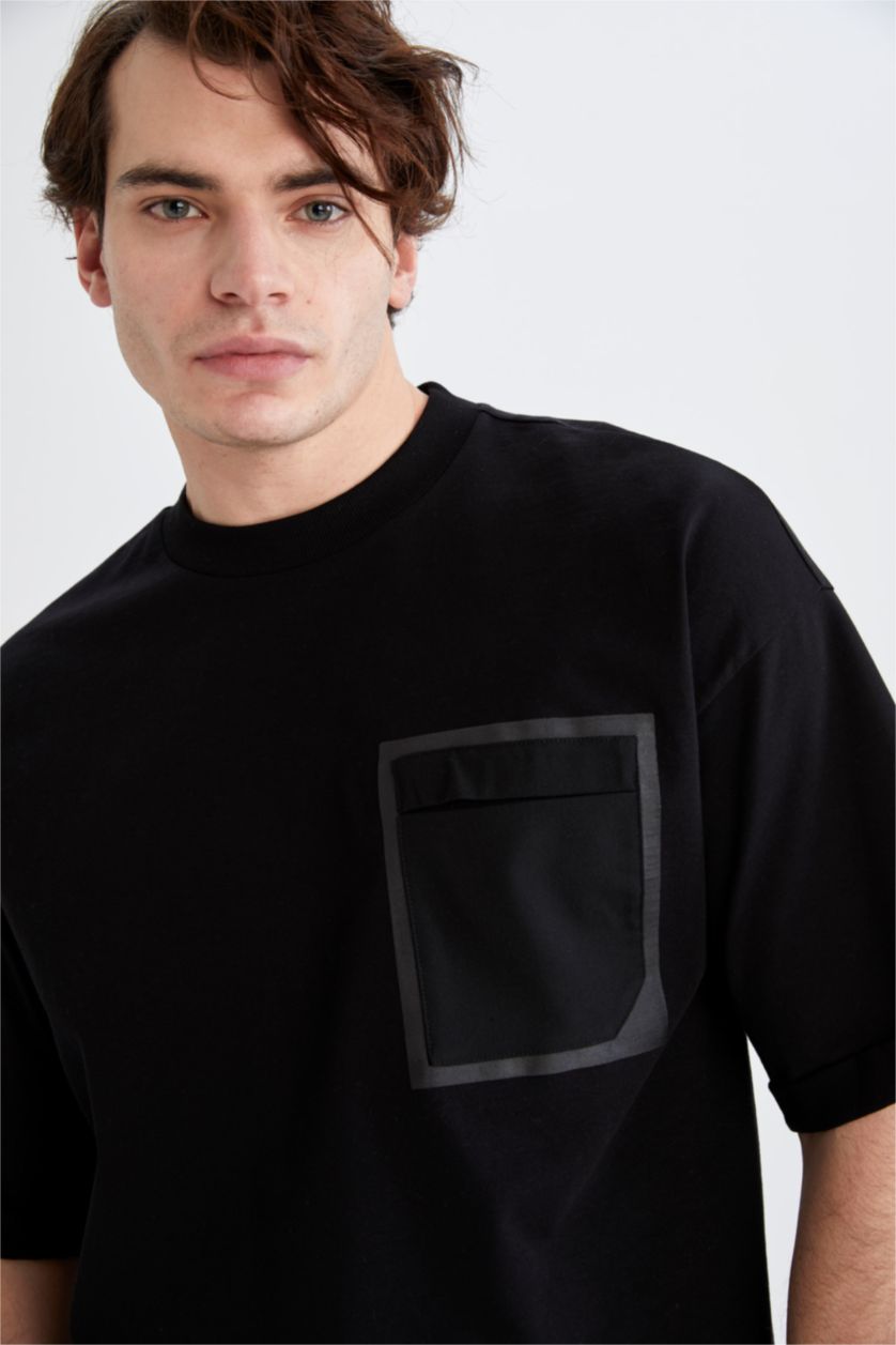 HOMME Noir T-shirt ample à manches courtes et col ras du cou