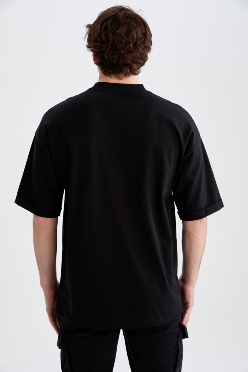 HOMME Noir T-shirt ample à manches courtes et col ras du cou