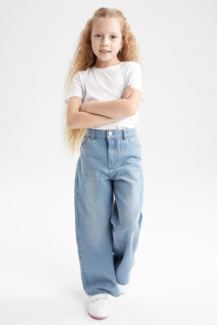 بناتي أزرق فاتح بنطلون جينز بناتي وايد ليج