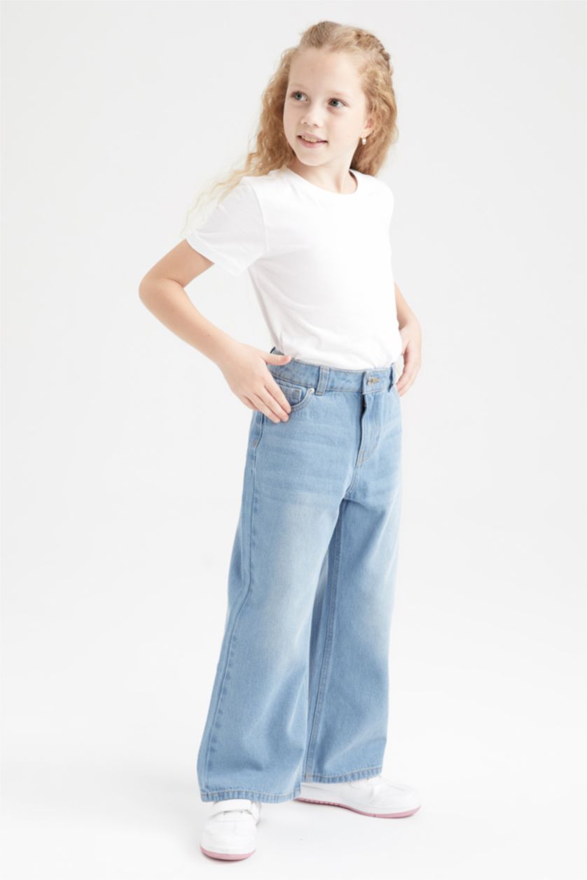 بناتي أزرق فاتح بنطلون جينز بناتي وايد ليج