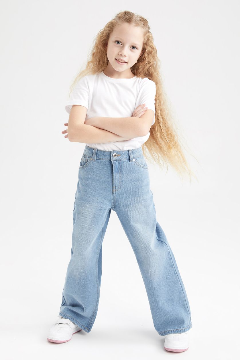بناتي أزرق فاتح بنطلون جينز بناتي وايد ليج