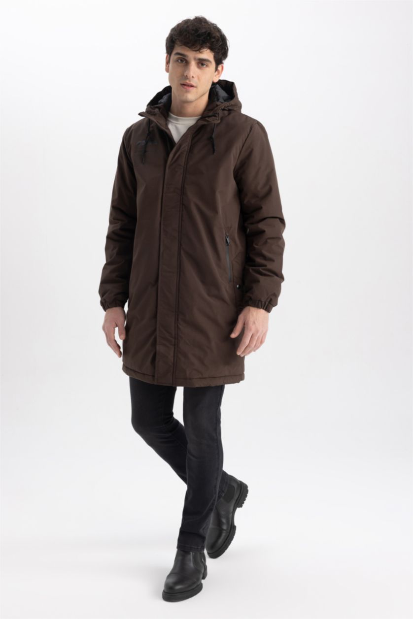 Erkek Kahve Slim Fit Kapüşonlu Mont Parka