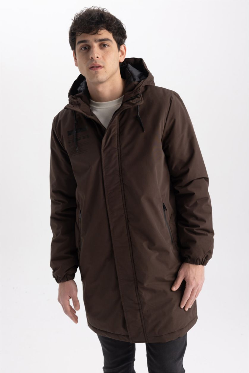 Erkek Kahve Slim Fit Kapüşonlu Mont Parka