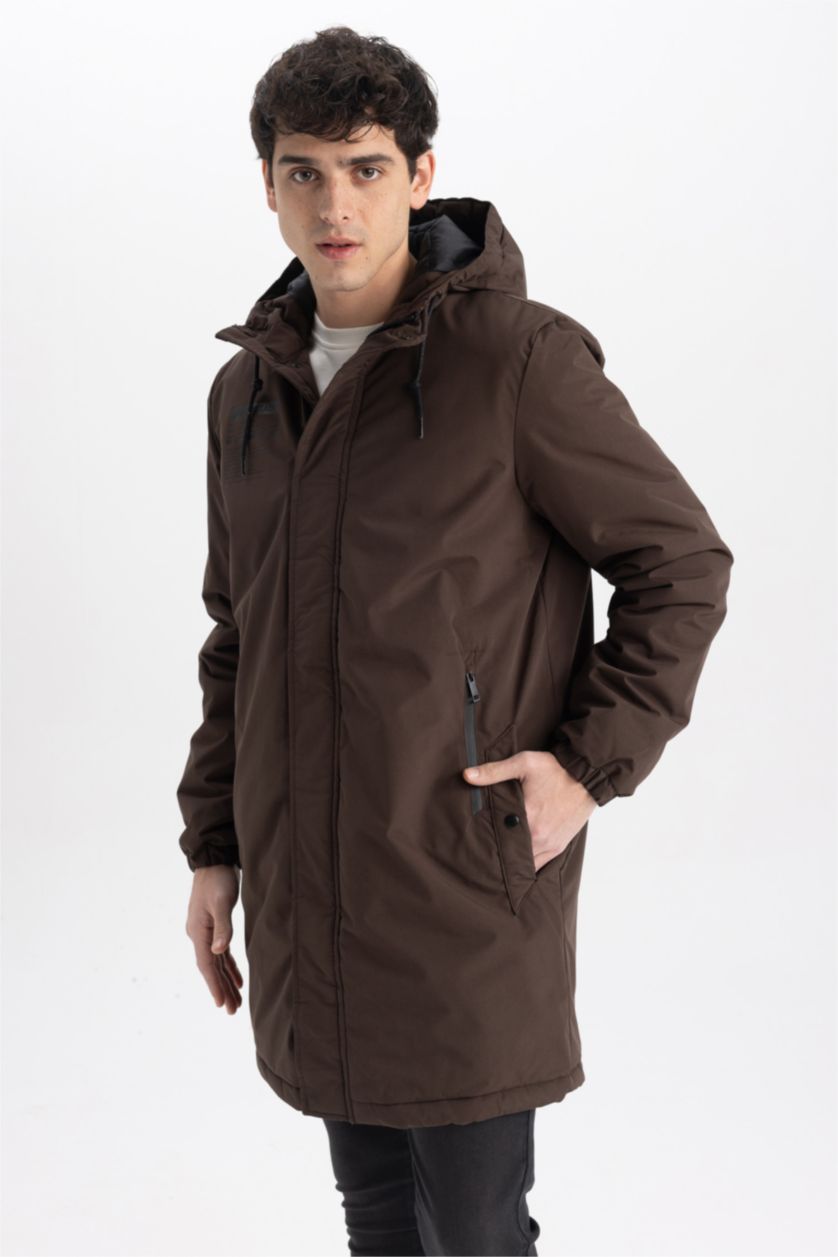 Erkek Kahve Slim Fit Kapüşonlu Mont Parka